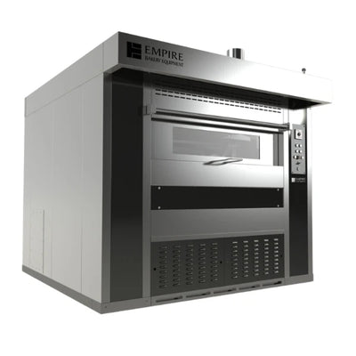 A commercial revolving tray oven by Empire Baker Equipment, featuring a stainless steel front door with a glass window, a dark gray side panel, and a white top casing, shown on a solid white background.