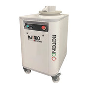 A white commercial pizza dough rounder machine on wheels, branded 'MASTRO PIZZA by EMPIRE' and 'ROTONDO', shown against a plain white background.