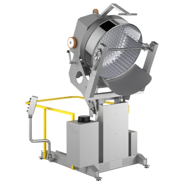 A large industrial overturnable mixer with a silver metal housing, adjustable bracket, yellow safety rail, and control box on a white background.