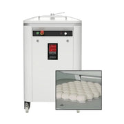 A white dough divider with a digital control panel and caster wheels, shown alongside an inset image demonstrating the hexagonal divisions of the dough.