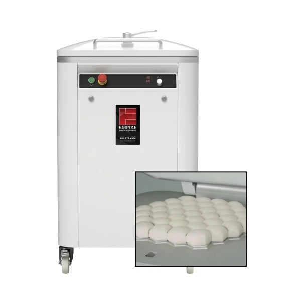 A white dough divider with a digital control panel and caster wheels, shown alongside an inset image demonstrating the hexagonal divisions of the dough.
