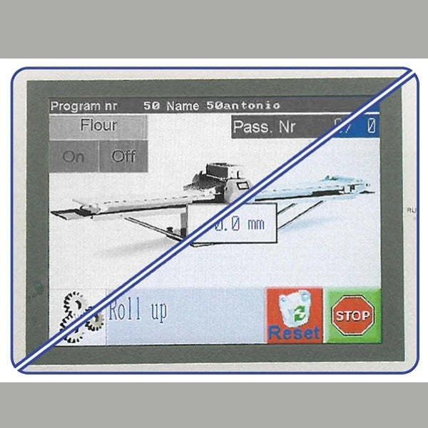 A close-up of a digital touchscreen control panel showing a conveyor belt or roller system with buttons labeled Reset and STOP, plus a diagonal blue overlay across the screen.