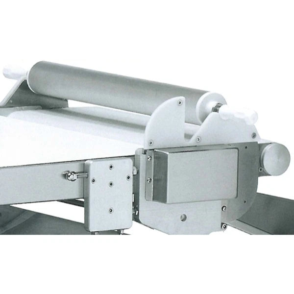 Close-up of an automated sheeter machine component with a silver cylindrical roller, white plastic guide parts, and a gray metal frame on a white background.