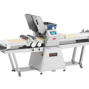 A commercial dough sheeter machine with a white metal body, a digital control panel, and a conveyor belt system, shown on a solid white background. The brand 'EMPIRE' is visible on a label on the front of the machine.