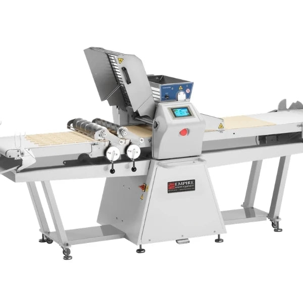 A commercial dough sheeter machine with a white metal body, a digital control panel, and a conveyor belt system, shown on a solid white background. The brand 'EMPIRE' is visible on a label on the front of the machine.