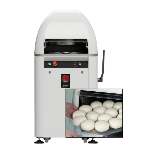 A white commercial dough divider and rounder machine with a black control panel, shown on a white background with an inset photo demonstrating dough balls being pulled through the machine.