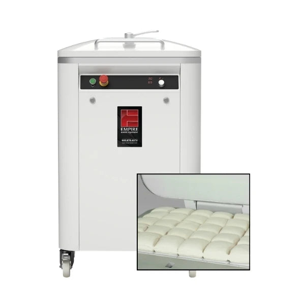 A white commercial dough divider machine with a digital control panel and caster wheels, shown on a white background with an inset image demonstrating square dough dividing.