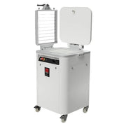 A white wholesale dough divider machine with raised divider grid and casters at the bottom. 