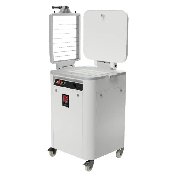 A white wholesale dough divider machine with raised divider grid and casters at the bottom. 