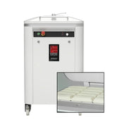 A white commercial dough divider machine with a control panel and caster wheels, shown on a light gray background with an inset close-up of padded food pieces inside a tray.