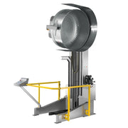 A metal removable bowl lifting machine with a large mixing bowl, vertical support, and yellow safety railings on a plain white background.