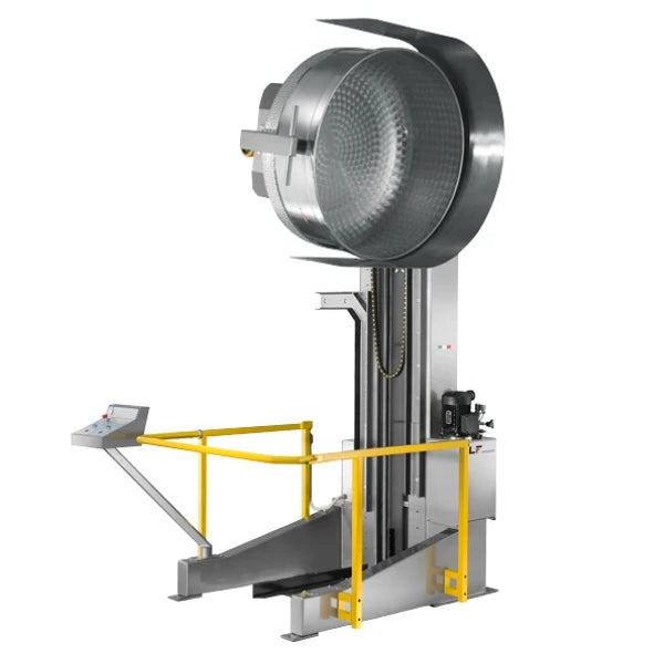 A metal removable bowl lifting machine with a large mixing bowl, vertical support, and yellow safety railings on a plain white background.