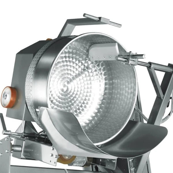 close up of a removable mixer bowl being lifted on a removable bowl lift.