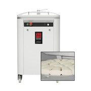 a white metal commercial dough divider with a picture inset of perfectly divided dough in a round basin.