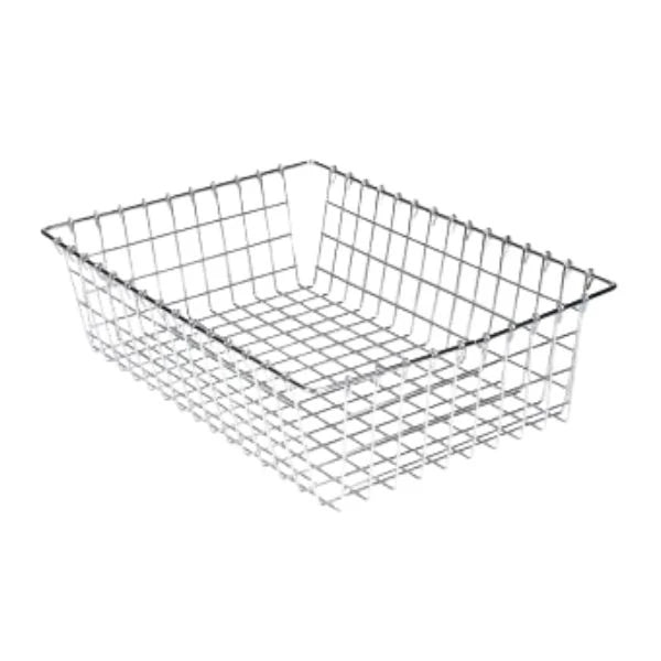 A rectangular silver wire mesh bagel display basket with a grid pattern, shown on a plain white background.