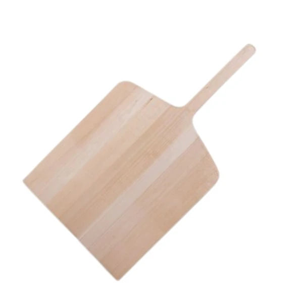 A light natural wood pizza peel with a long handle, shown on a plain white background.