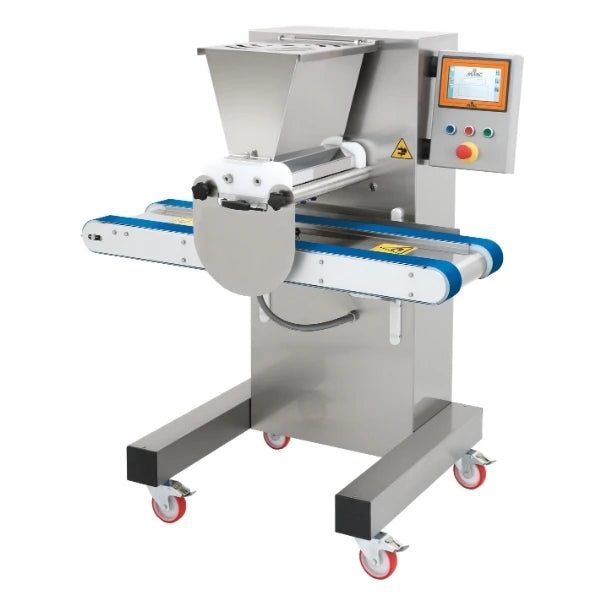 A stainless steel cookie depositing machine with a digital control panel, hopper, and caster wheels, shown on a white background.