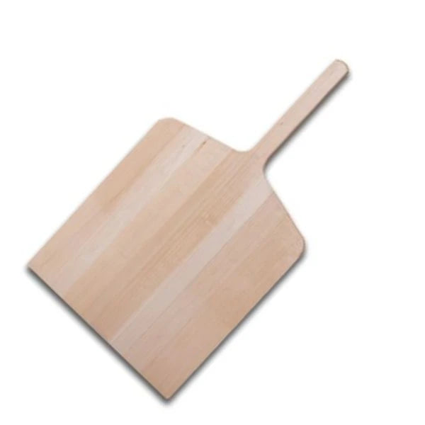 A light natural wood pizza peel with a long handle, shown at an angle on a plain white background.