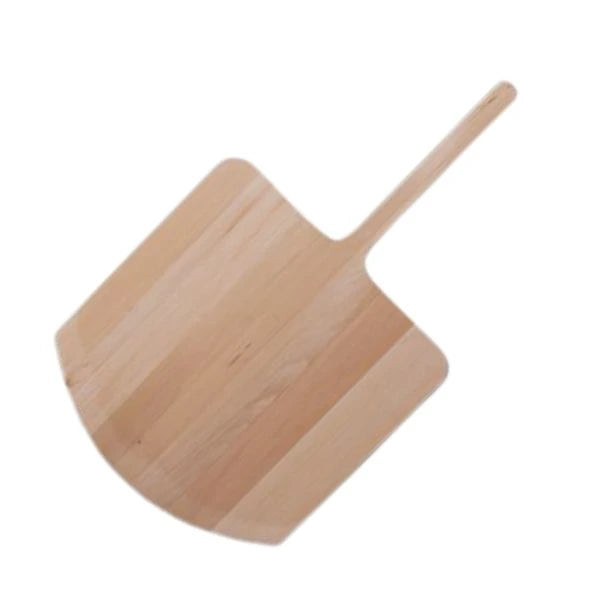 A light natural wood pizza peel with a long handle, shown on a plain white background.