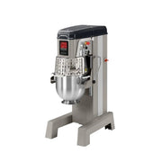 A commercial planetary mixer with a stainless steel bowl, and a dark gray top housing a digital control panel, set against a plain white background.