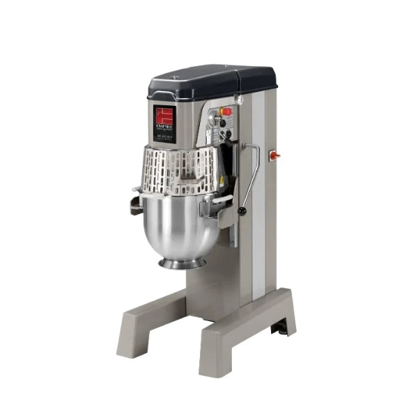 A commercial planetary mixer with a stainless steel bowl, and a dark gray top housing a digital control panel, set against a plain white background.