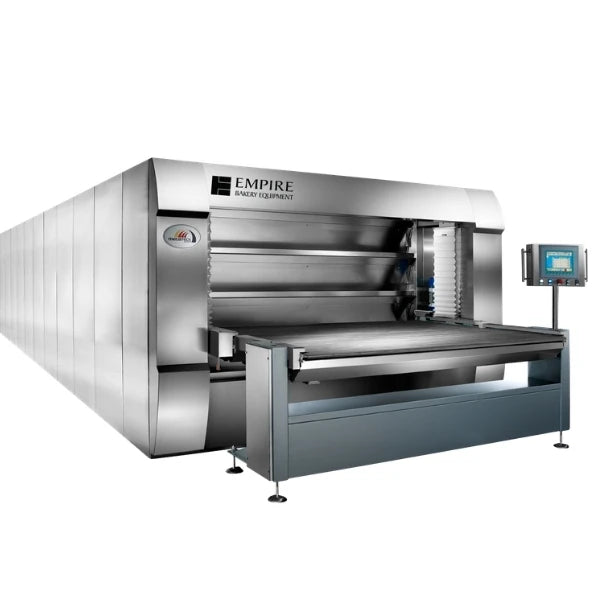 A wholesale or industrial tunnel oven by Empire, featuring a stainless steel body, a conveyor belt table, and an attached digital control panel on a white background.