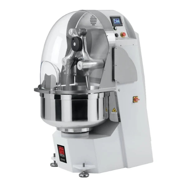 A commercial twin-arm or scissor mixer with a large stainless steel bowl, clear protective dome lid, white base unit, and a small digital control screen on the upper right.