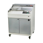 A commercial bread loaf slicer with front-facing control panel and bread bagging mechanism. 