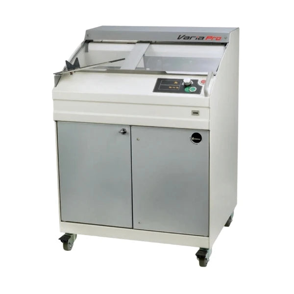 A commercial bread loaf slicer with front-facing control panel and bread bagging mechanism. 