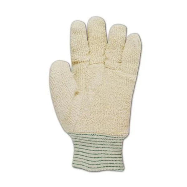 A single knit bakery glove shown flat against a plain white background. The glove is primarily off-white/cream with a ribbed knit cuff featuring light green stripes.