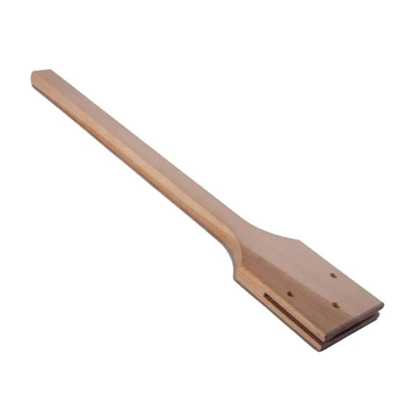 A wooden bagel peel handle with a smooth natural wood finish, photographed diagonally on a plain white background.